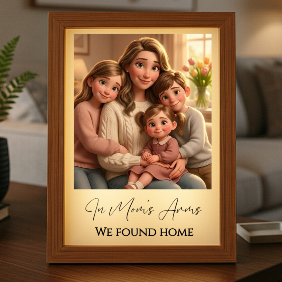 Wooden-framed light box displaying animated cartoon-style illustration of mother with three children, with personalized text "In Loving Arms" and "WE FOUND HOME" printed below the image.