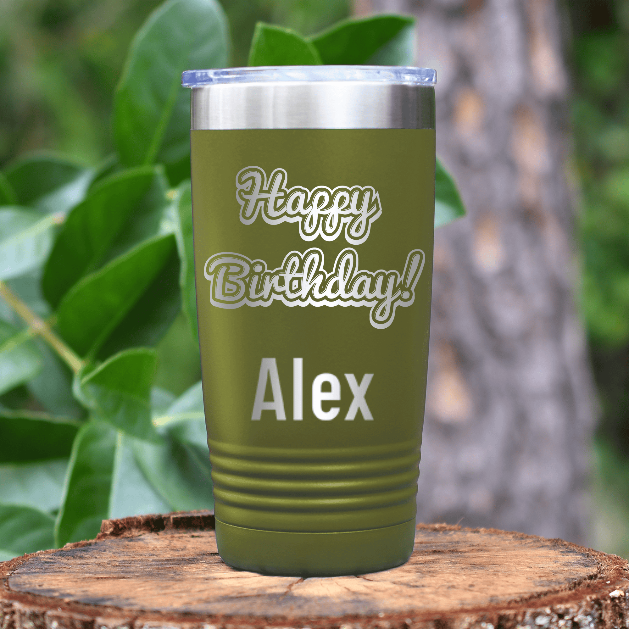 Military Green Birthday Tumbler With Happy Birthday Design