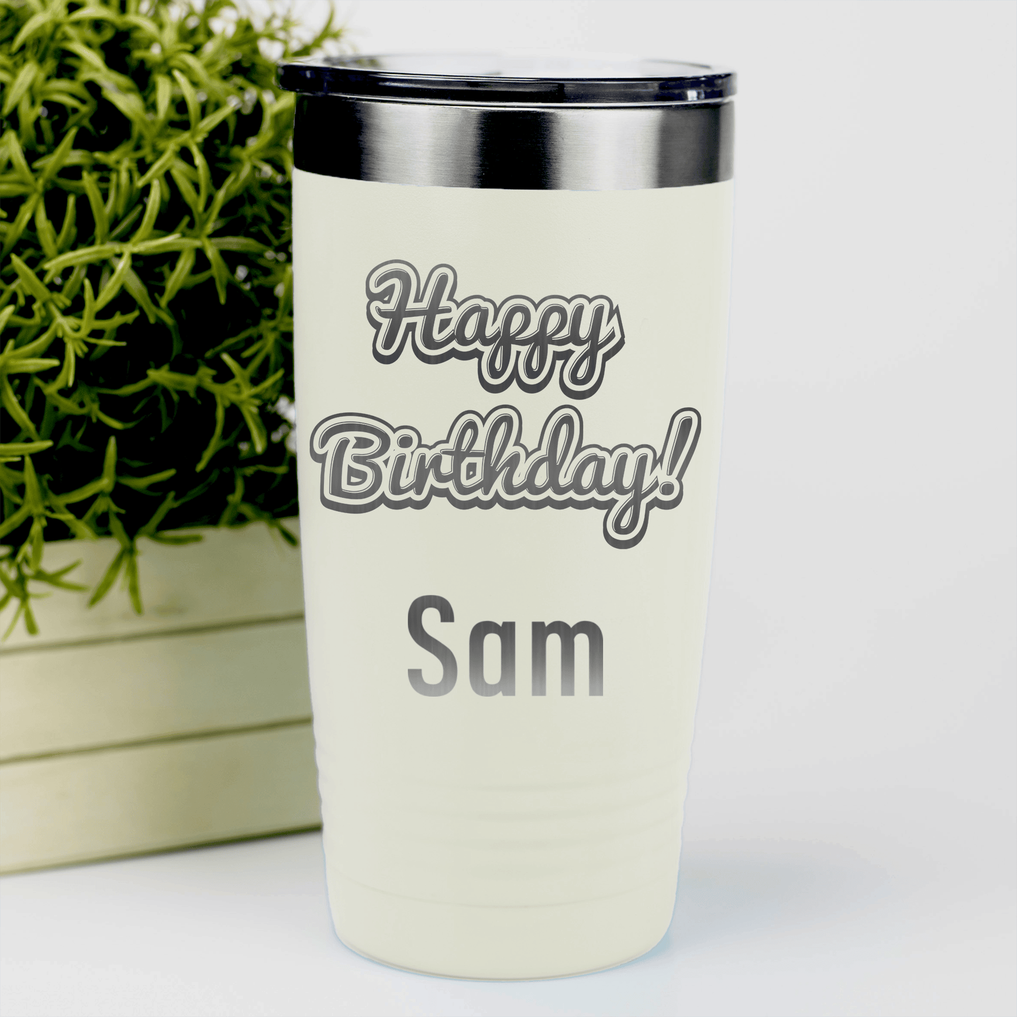 White Birthday Tumbler With Happy Birthday Design