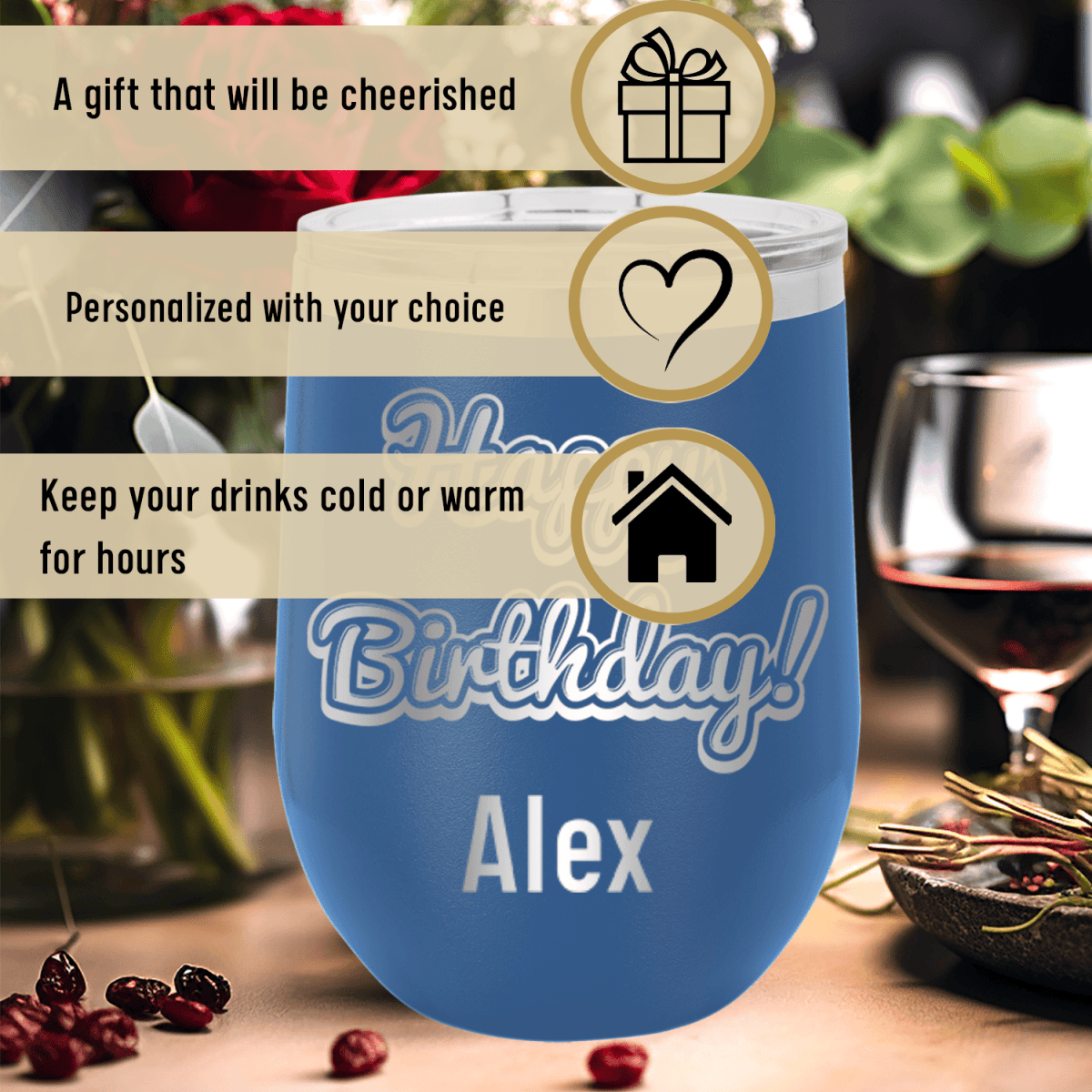 Personalized Happy Birthday Wine Tumbler for her, Customized Gifts for Women by Groovy Girl Gifts