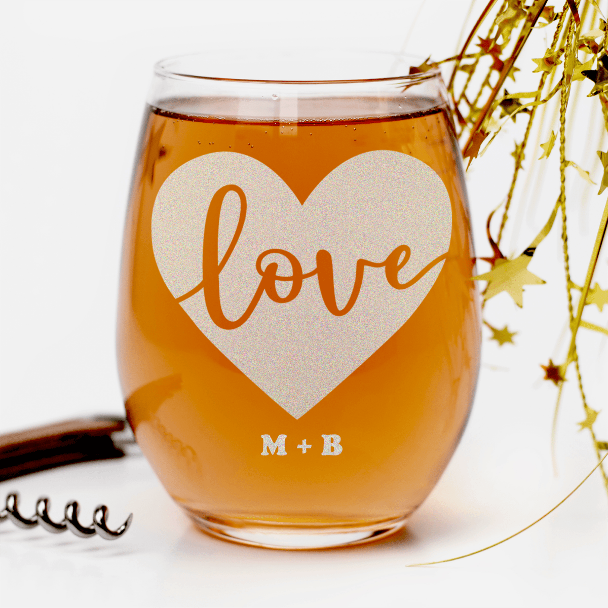 Heart Carved Love Stemless Wine Glass