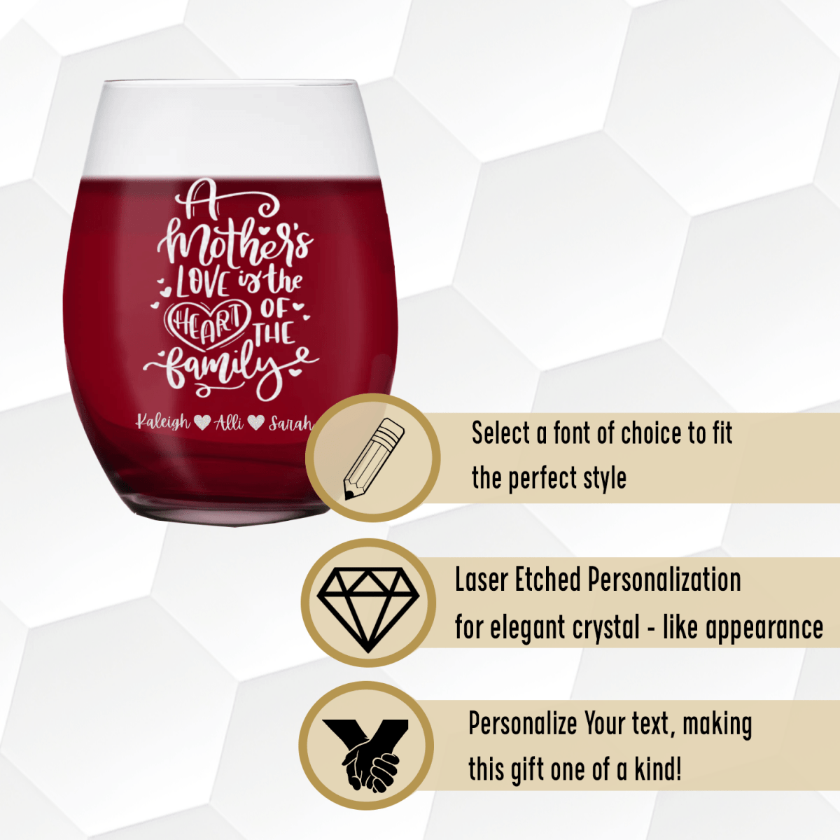Personalized Heart Of The Family Stemless Wine Glass for her, Customized Gifts for Women by Groovy Girl Gifts