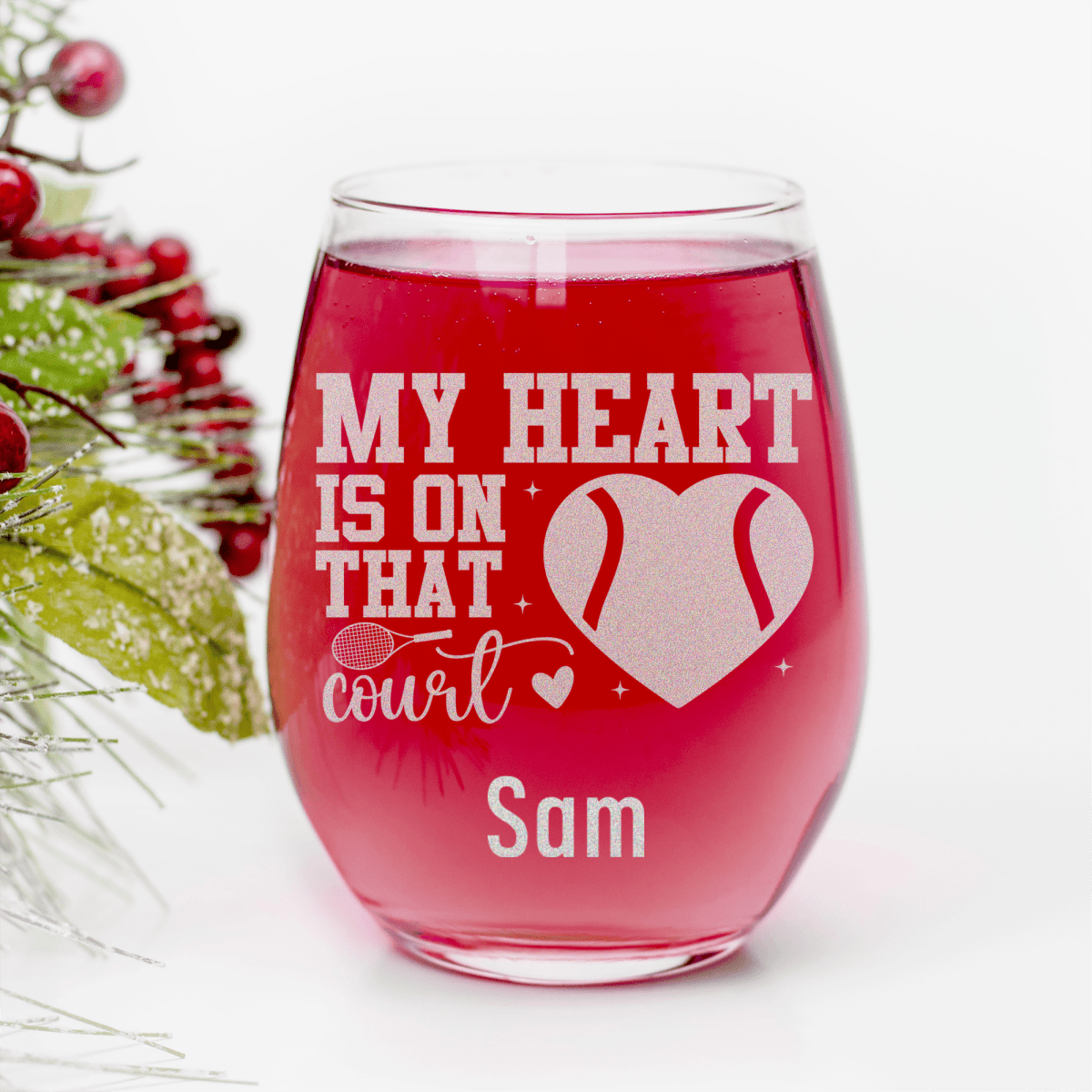 Heart On The Tennis Court Stemless Wine Glass