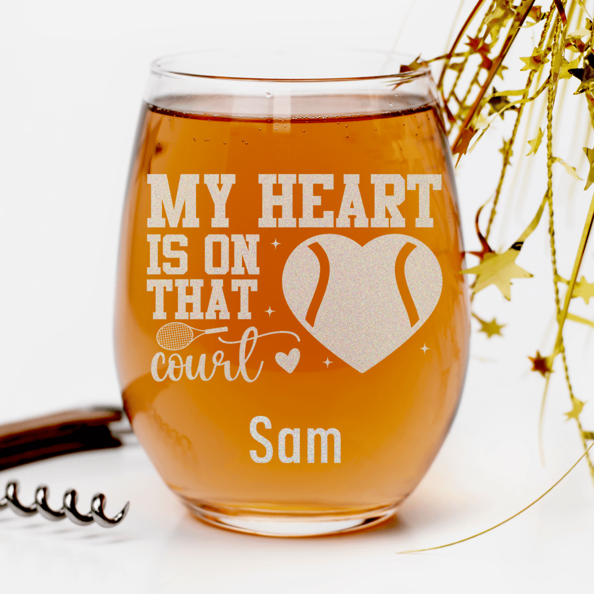 Heart On The Tennis Court Stemless Wine Glass