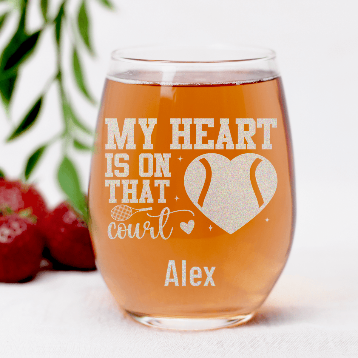 Personalized Heart On The Tennis Court Stemless Wine Glass for her, Customized Gifts for Women by Groovy Girl Gifts