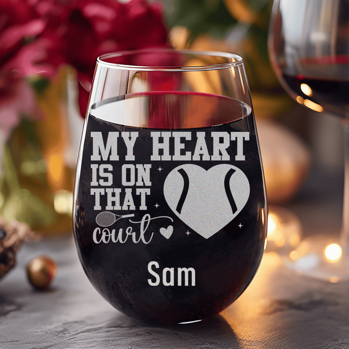 Personalized Heart On The Tennis Court Stemless Wine Glass for her, Customized Gifts for Women by Groovy Girl Gifts