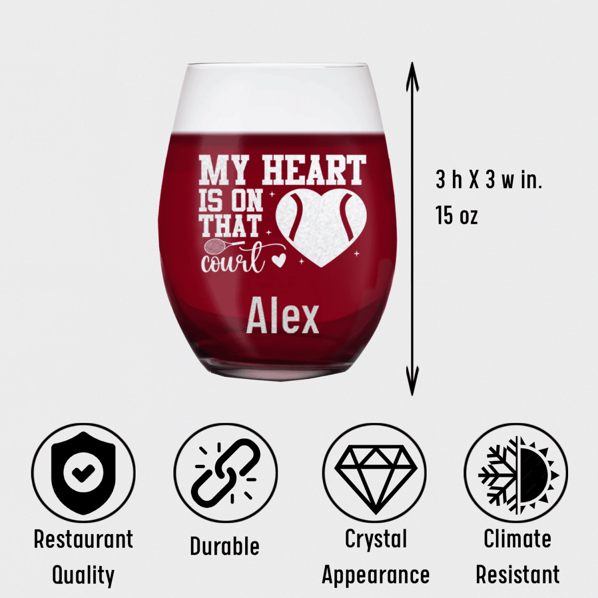 Personalized Heart On The Tennis Court Stemless Wine Glass for her, Customized Gifts for Women by Groovy Girl Gifts