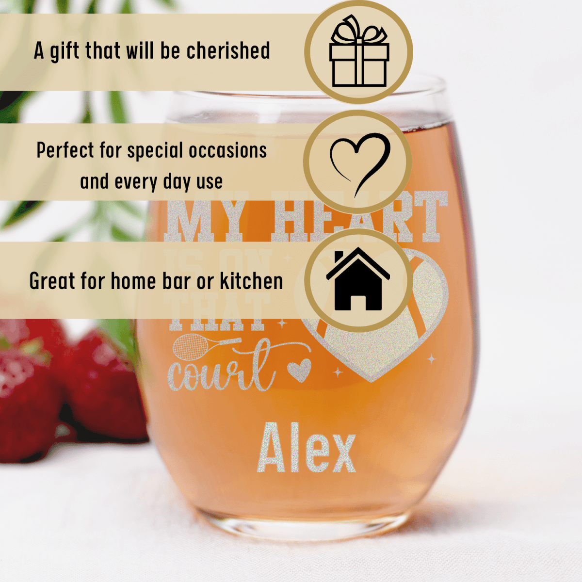 Personalized Heart On The Tennis Court Stemless Wine Glass for her, Customized Gifts for Women by Groovy Girl Gifts