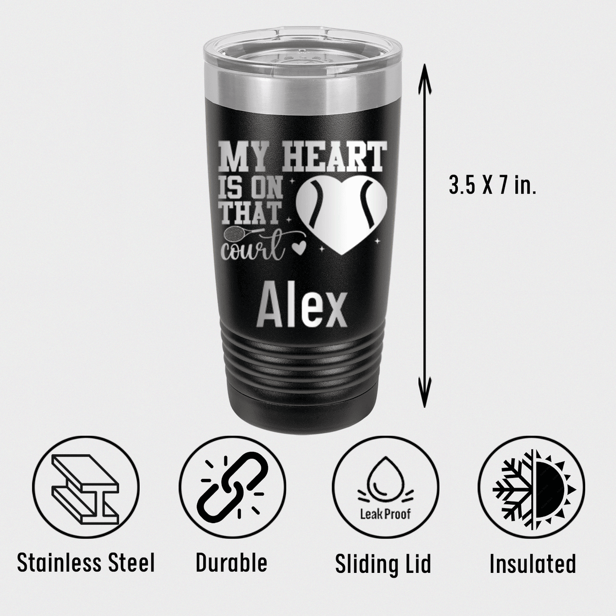 Personalized Heart On The Tennis Court Tumbler for her, Customized Gifts for Women by Groovy Girl Gifts