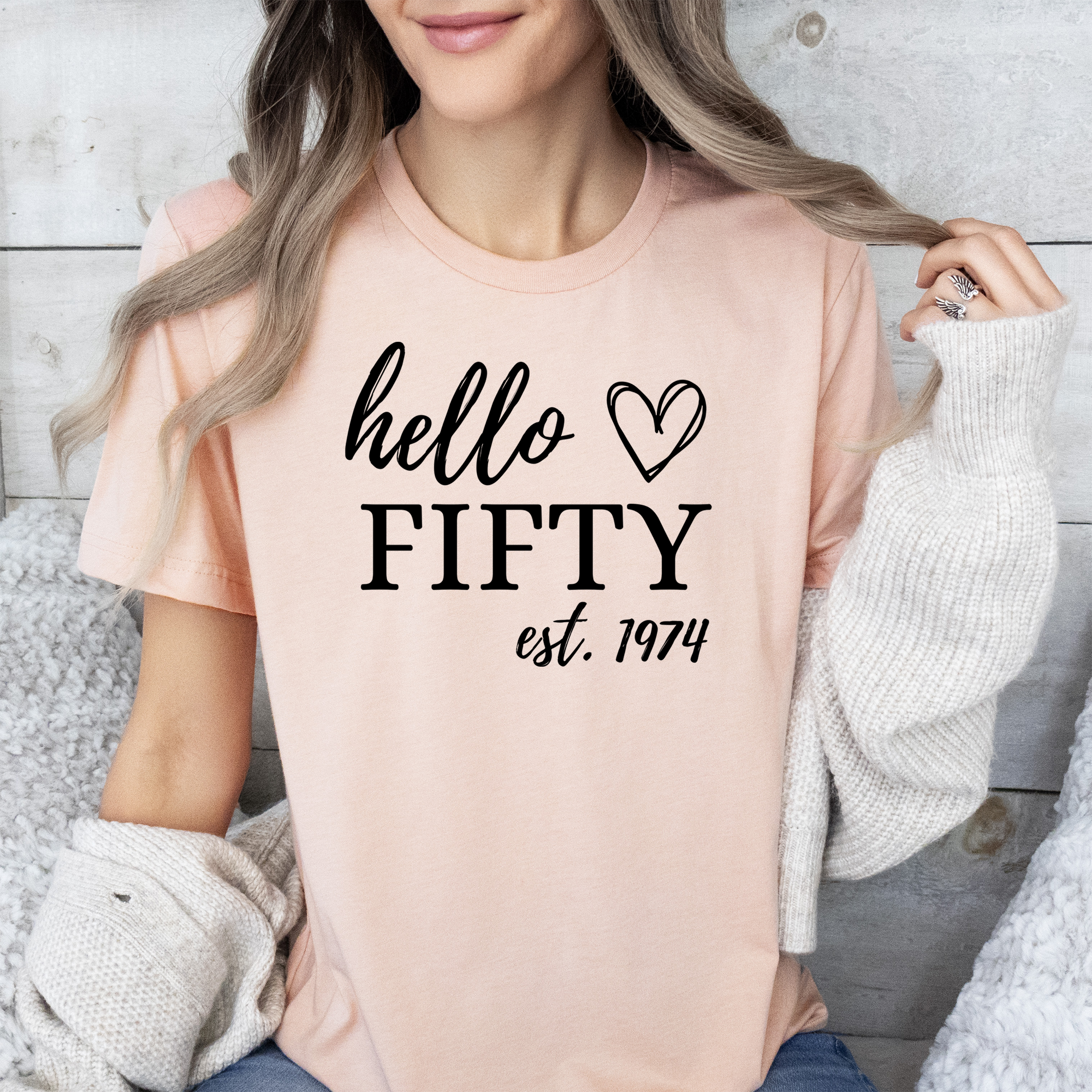 Womens Heather Peach T Shirt with Hello-Fifty design