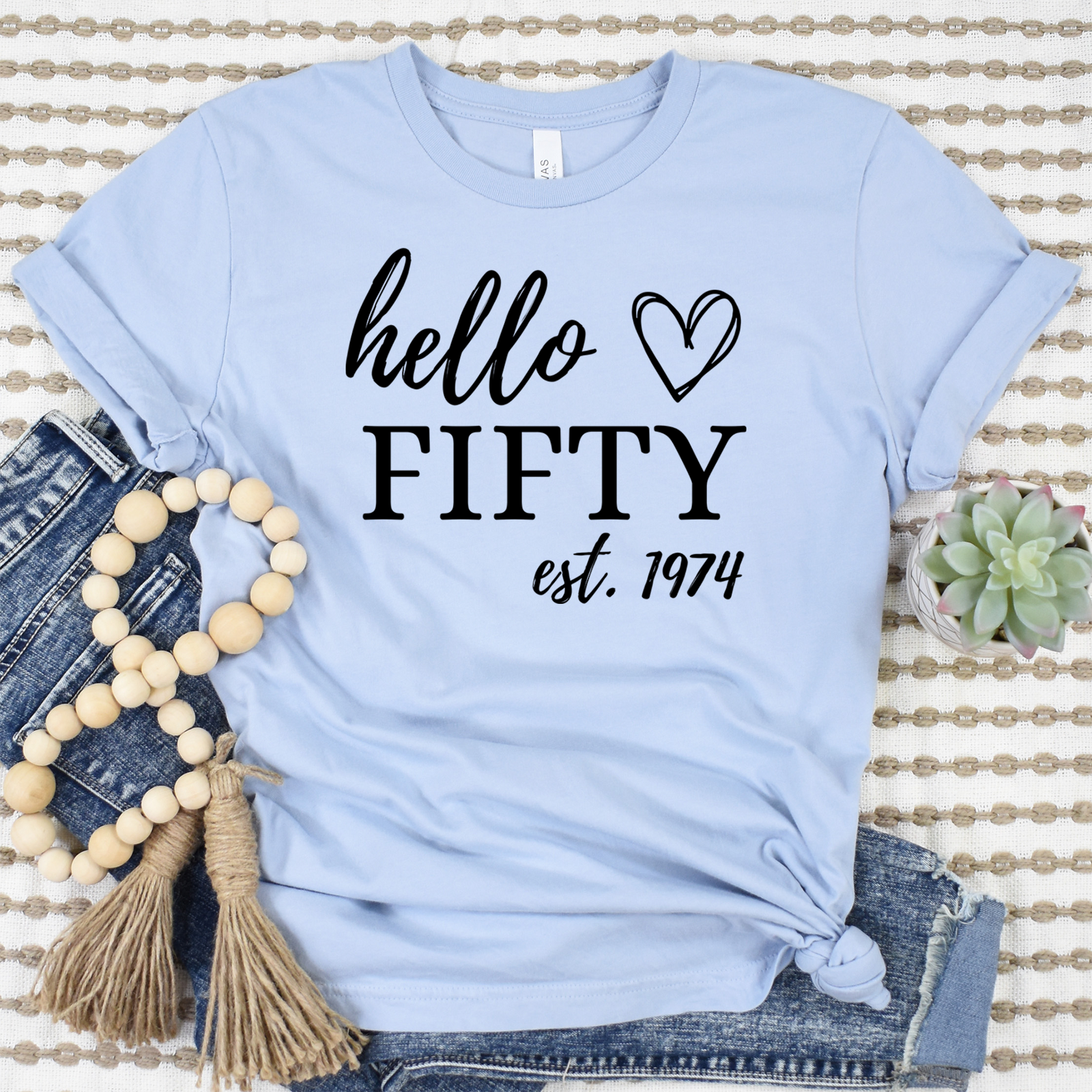 Womens Light Blue T Shirt with Hello-Fifty design
