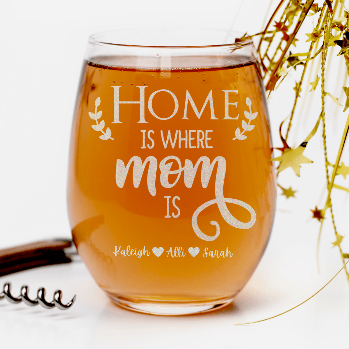 Personalized Home Is Where Mom Is Stemless Wine Glass for her, Customized Gifts for Women by Groovy Girl Gifts