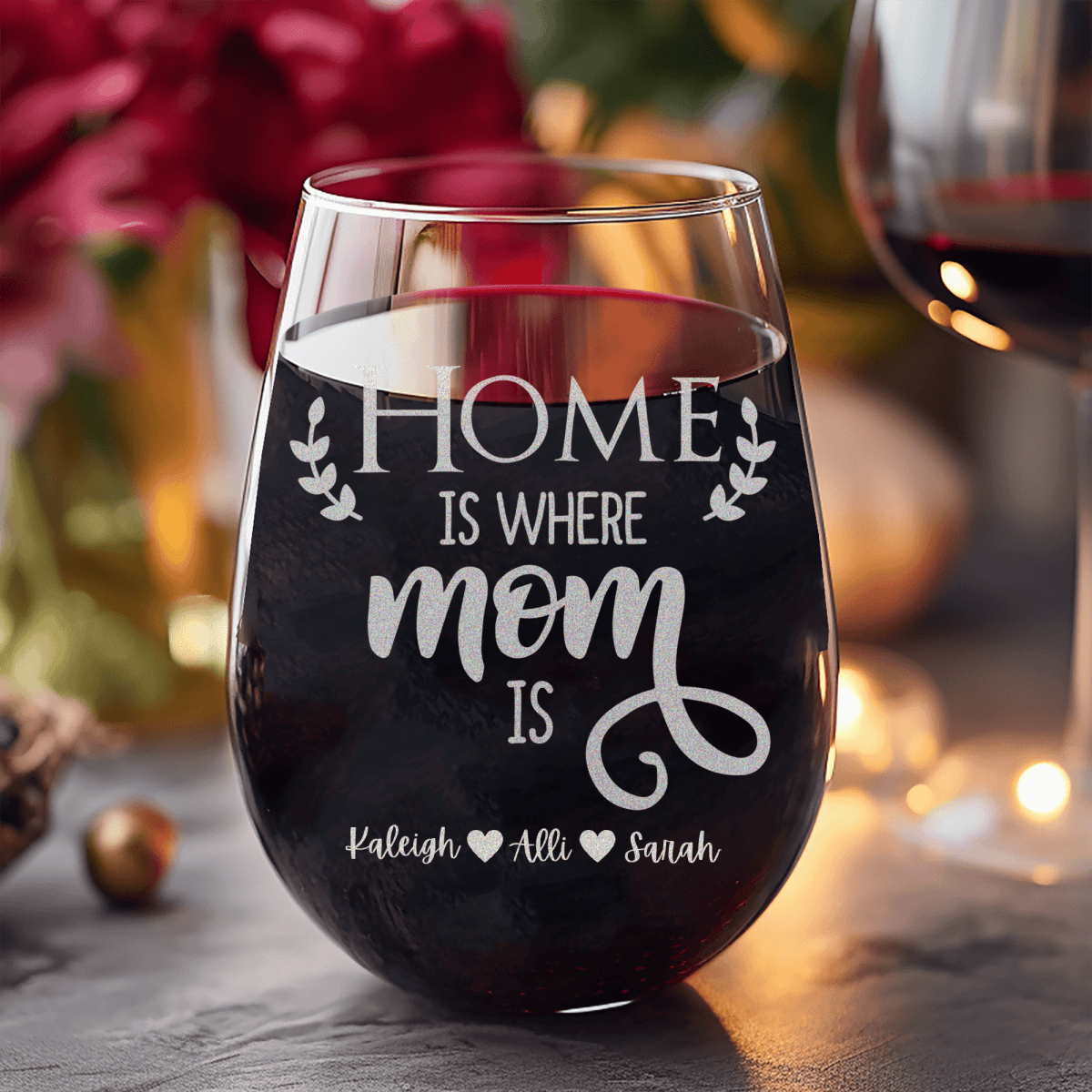 Personalized Home Is Where Mom Is Stemless Wine Glass for her, Customized Gifts for Women by Groovy Girl Gifts