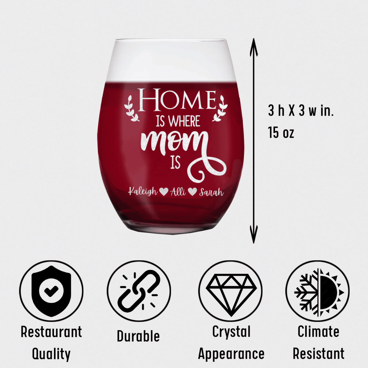 Personalized Home Is Where Mom Is Stemless Wine Glass for her, Customized Gifts for Women by Groovy Girl Gifts