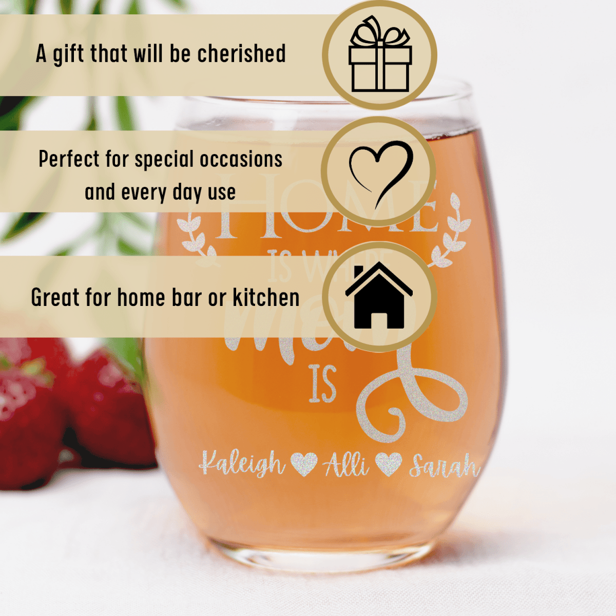 Personalized Home Is Where Mom Is Stemless Wine Glass for her, Customized Gifts for Women by Groovy Girl Gifts