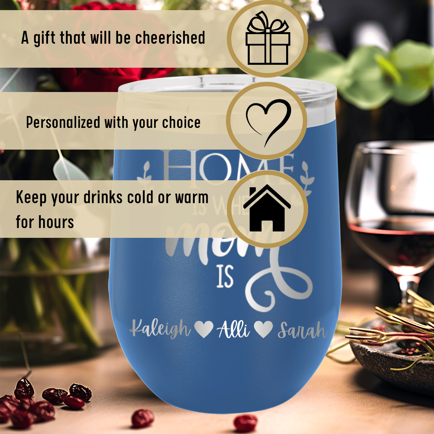 Personalized Home Is Where Mom Is Wine Tumbler for her, Customized Gifts for Women by Groovy Girl Gifts