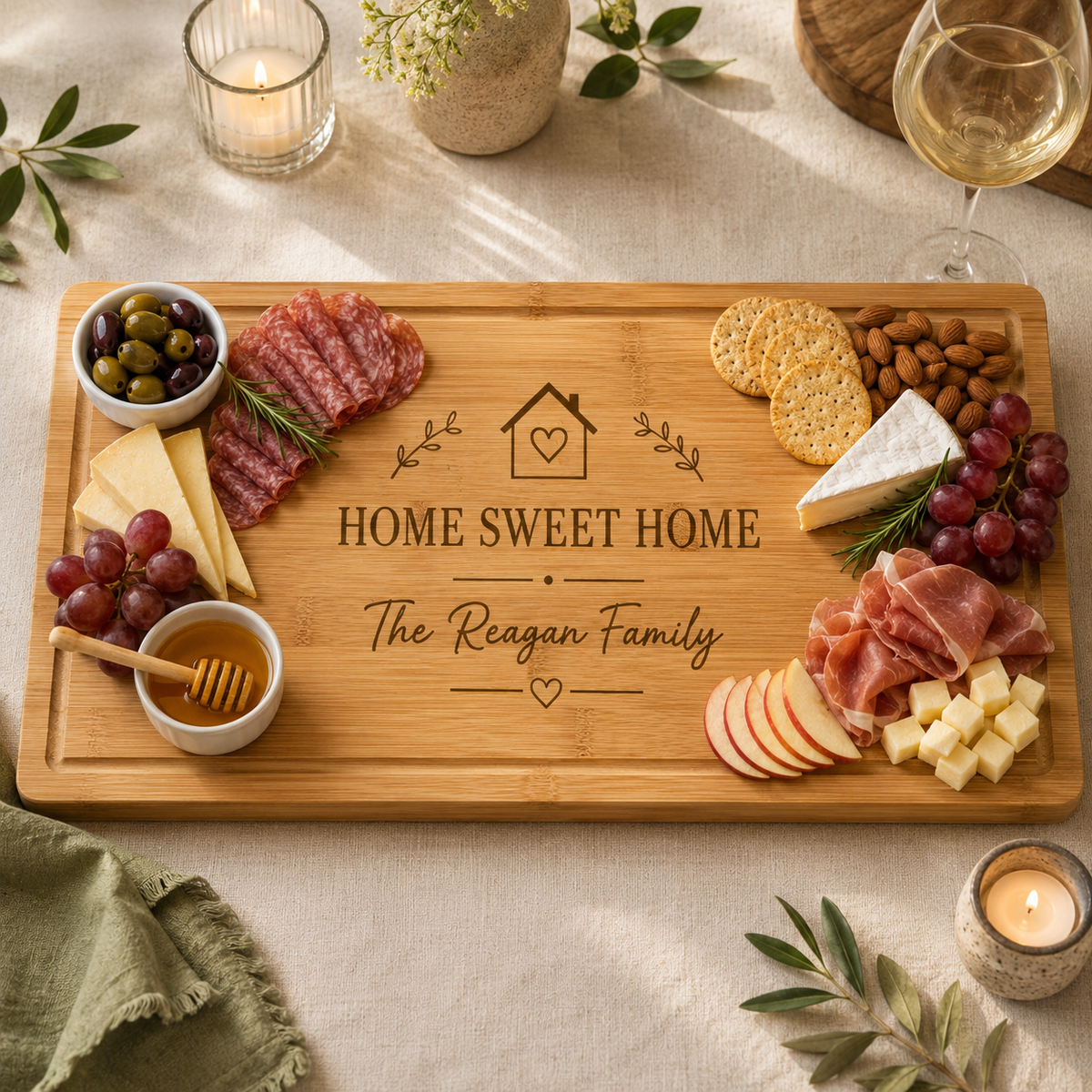 A personalized wooden charcuterie board with the engraved text 'HOME SWEET HOME The Reagan Family' and a small house-heart logo, styled with sliced salami, brie cheese, crackers, almonds, grapes, apple slices, prosciutto, olives, honey, and a honey dipper on a linen tablecloth with candles and greenery around it.