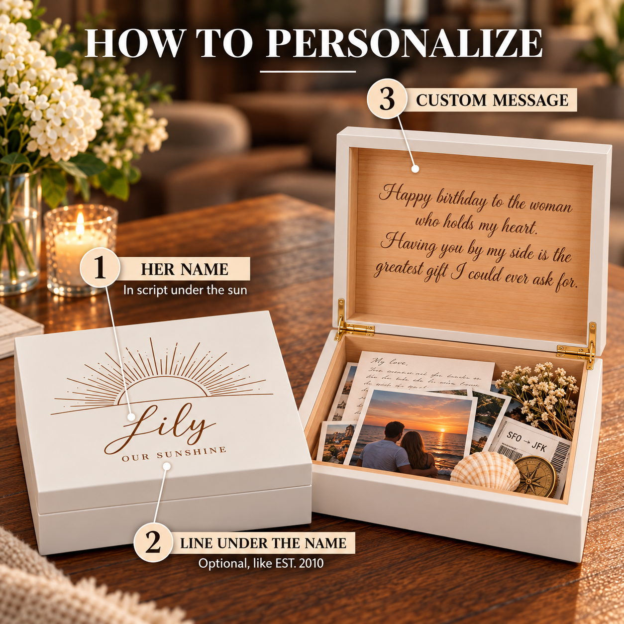 Personalized wooden gift box set shown on a table in a styled home setting, with one closed white box labeled 'Lily Our Sunshine' and one open light wood box with engraved birthday message and photo inserts.