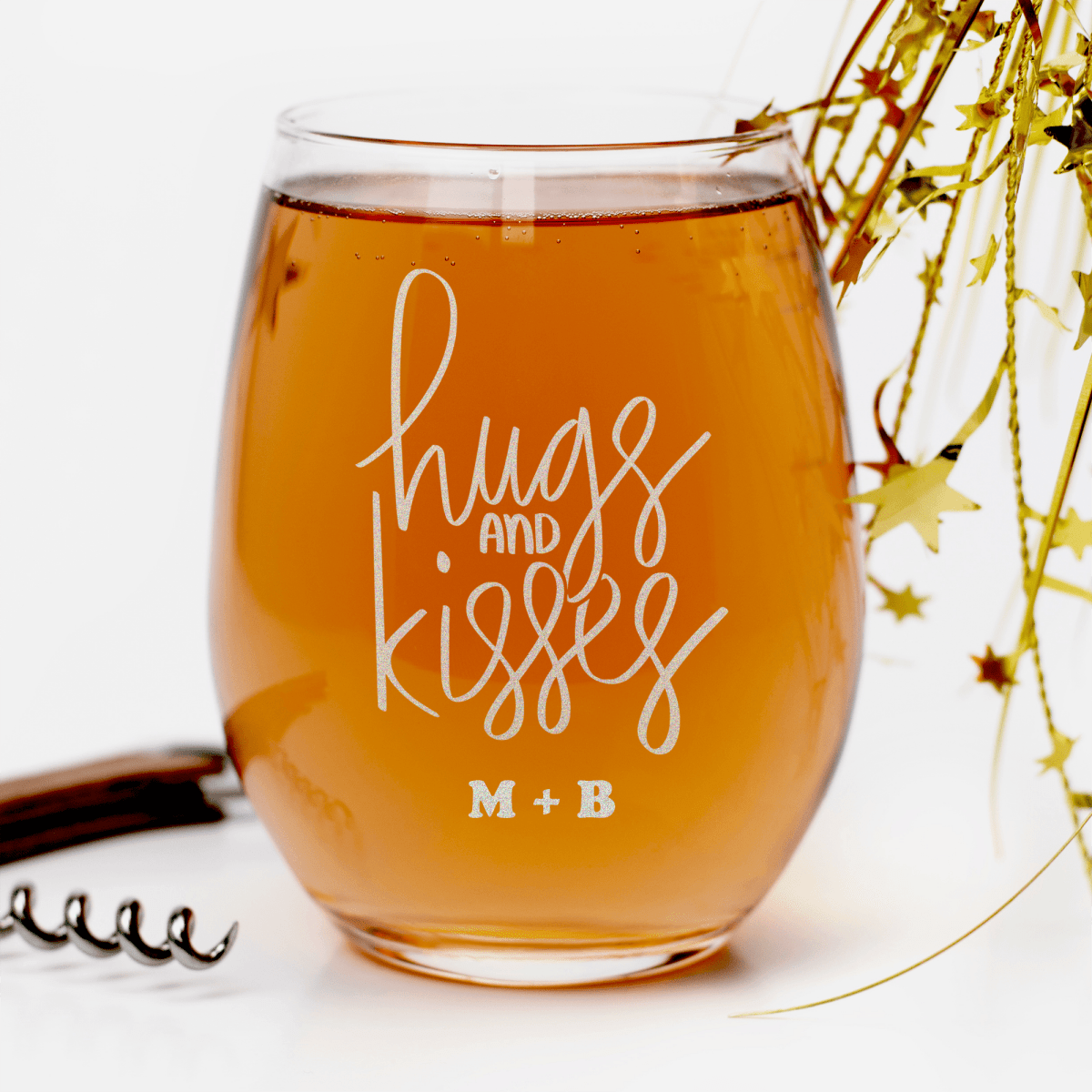 Personalized Hugs And Kisses Stemless Wine Glass for her, Customized Gifts for Women by Groovy Girl Gifts
