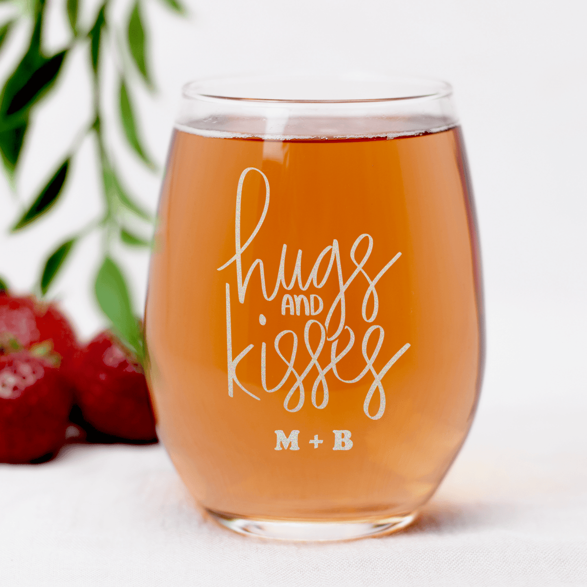 Personalized Hugs And Kisses Stemless Wine Glass for her, Customized Gifts for Women by Groovy Girl Gifts