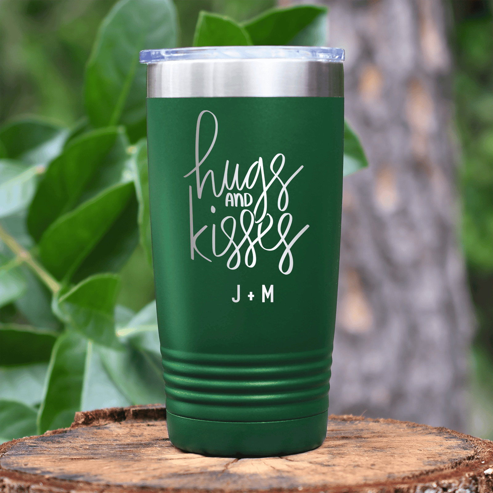 Green Valentines Day Tumbler With Hugs And Kisses Design
