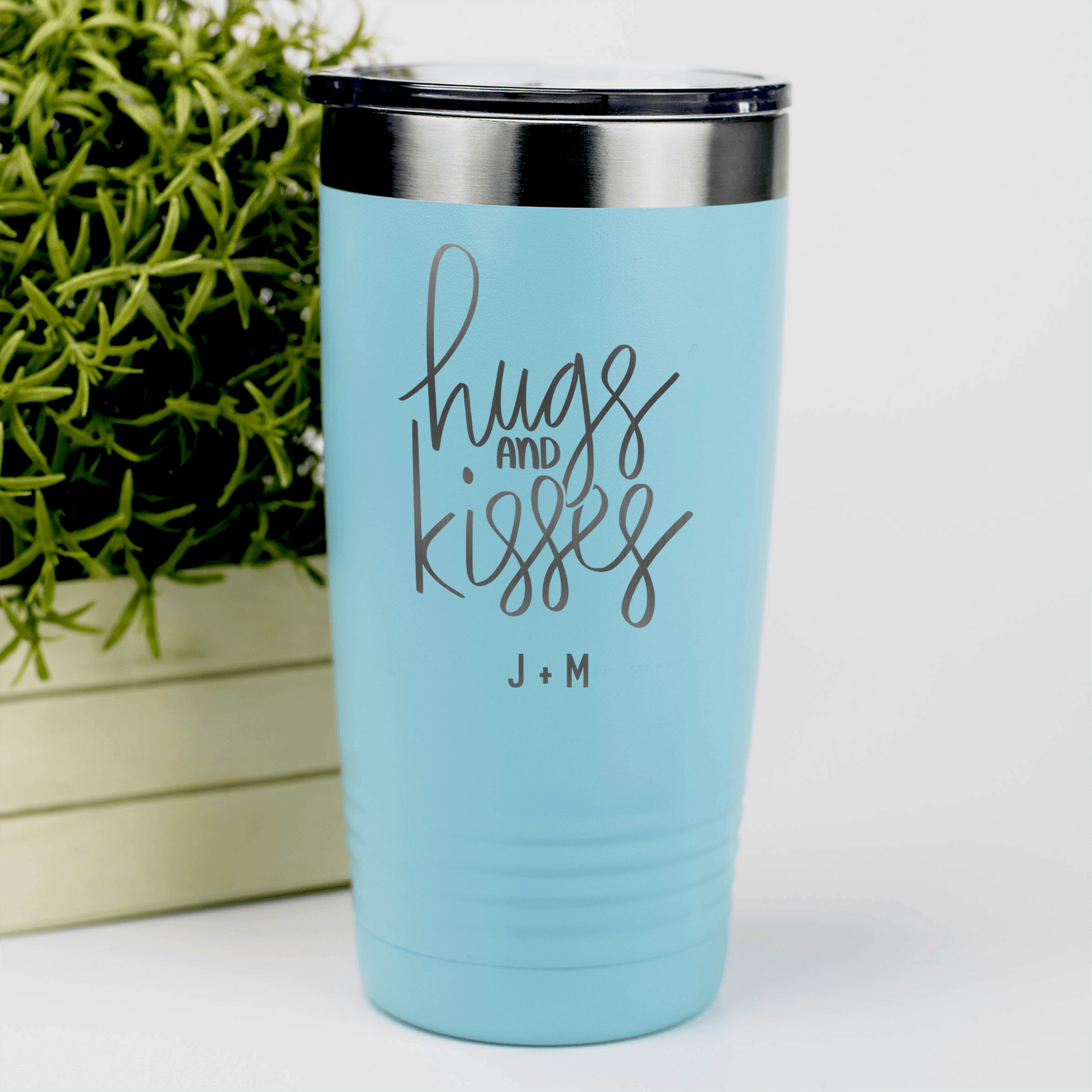 Teal Valentines Day Tumbler With Hugs And Kisses Design