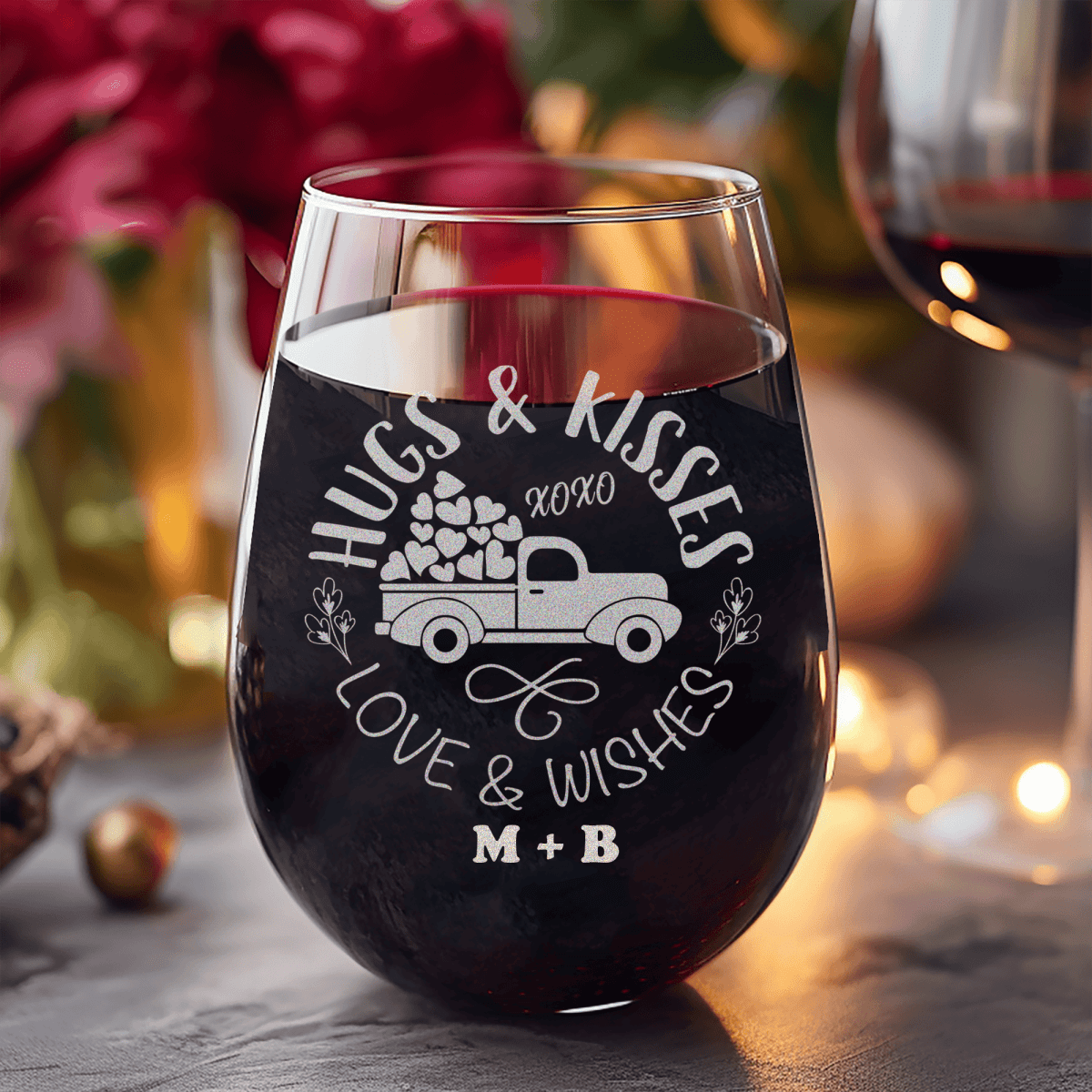 Personalized Hugs Kisses Lovers Wishses Stemless Wine Glass for her, Customized Gifts for Women by Groovy Girl Gifts