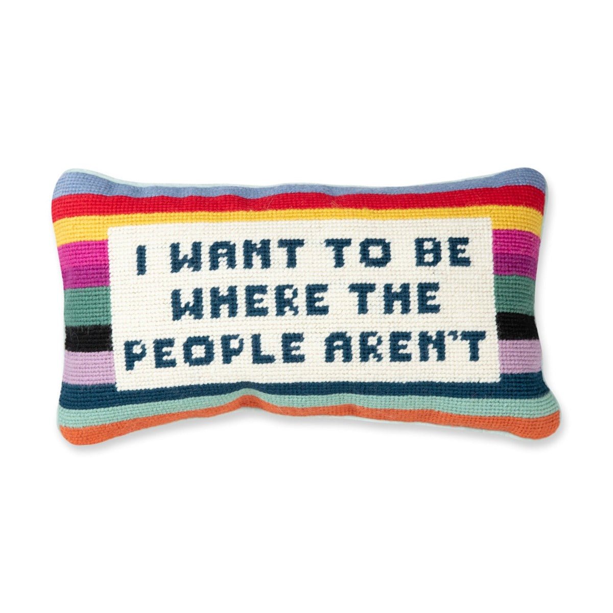 I Want to Be Where the People Aren’t needlepoint pillow, 8x14 inches, featuring wool embroidery and a cotton velvet back, a witty and cozy accent.