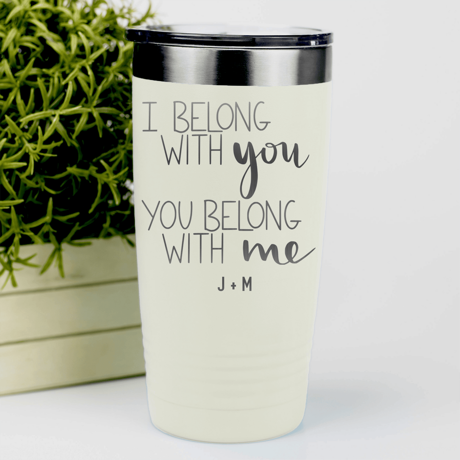 White Valentines Day Tumbler With I Belong With You Design