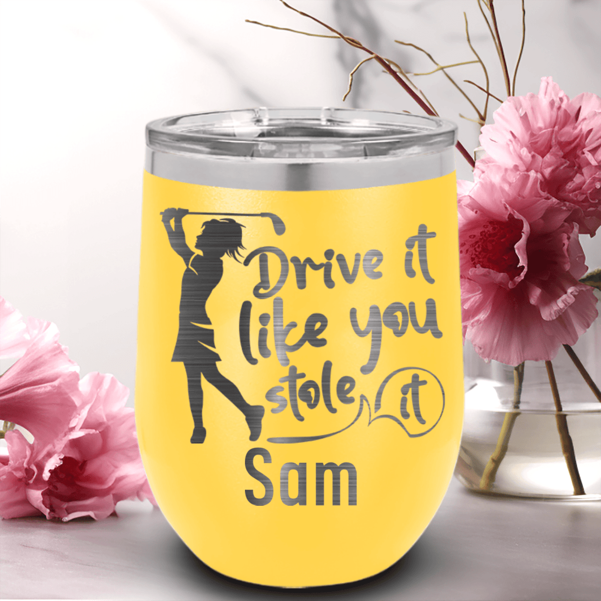 Yellow Golf Gifts For Her Wine Tumbler With I Drive Like Its Stolen Design