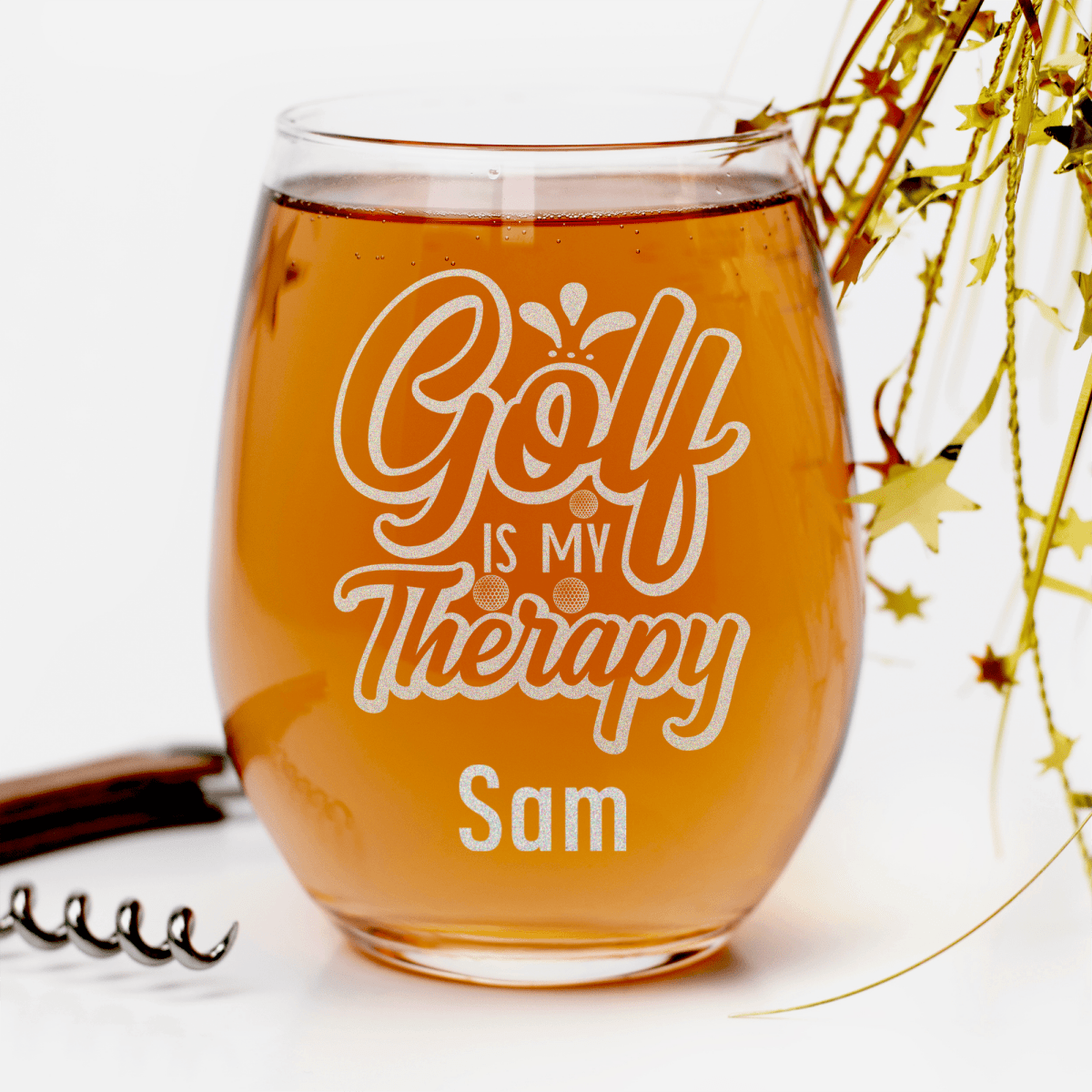 Personalized I Golf For Therapy Stemless Wine Glass for her, Customized Gifts for Women by Groovy Girl Gifts