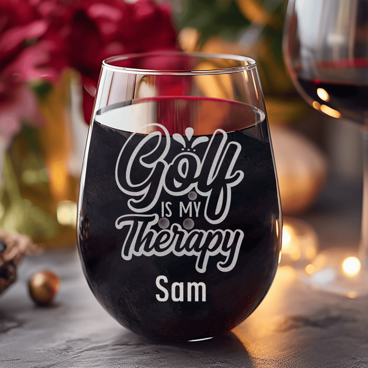 Personalized I Golf For Therapy Stemless Wine Glass for her, Customized Gifts for Women by Groovy Girl Gifts
