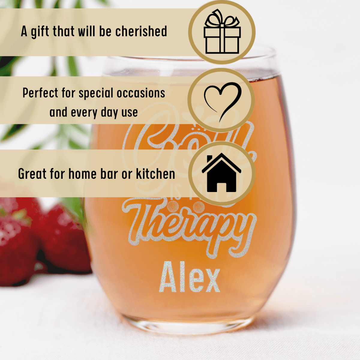 Personalized I Golf For Therapy Stemless Wine Glass for her, Customized Gifts for Women by Groovy Girl Gifts