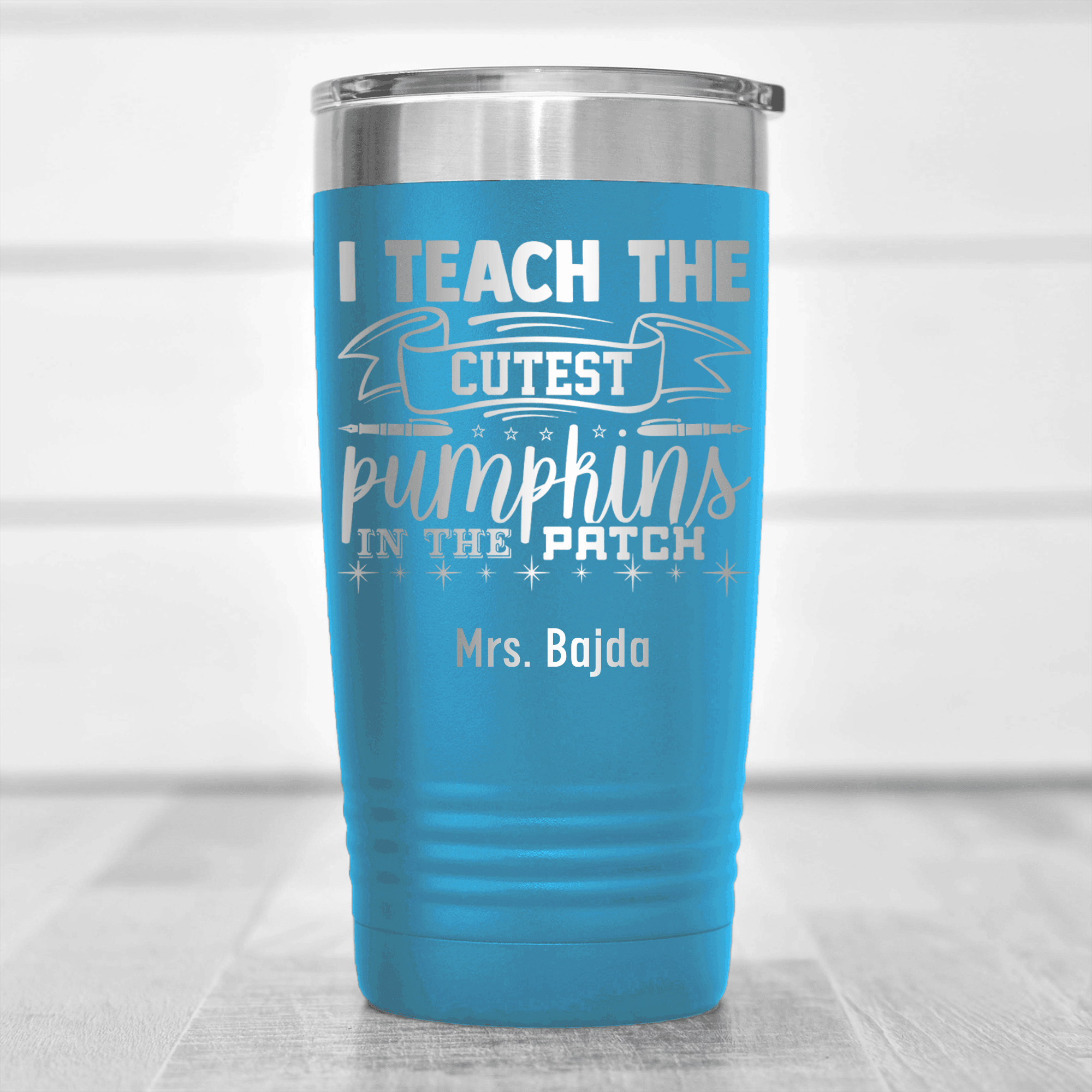 Light Blue Teacher Tumbler With I Teach Cute Pumpkins Design