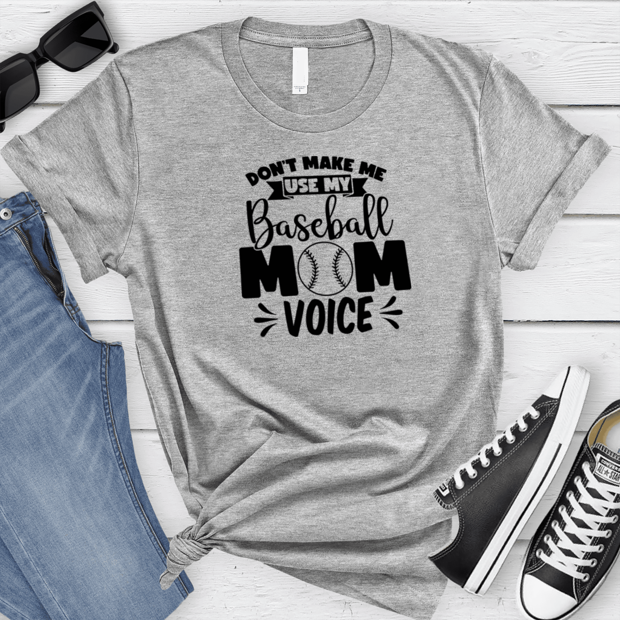 Womens Grey T Shirt with Ill-Use-My-Baseball-Mom-Voice design