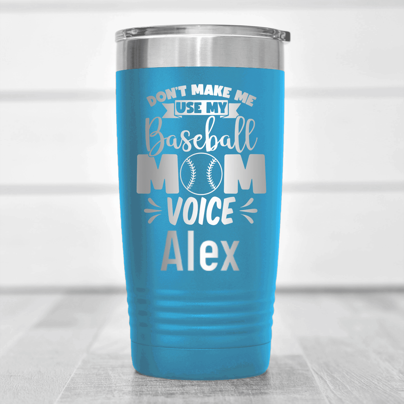 Light Blue Baseball Mom Tumbler With Ill Use My Baseball Mom Voice Design