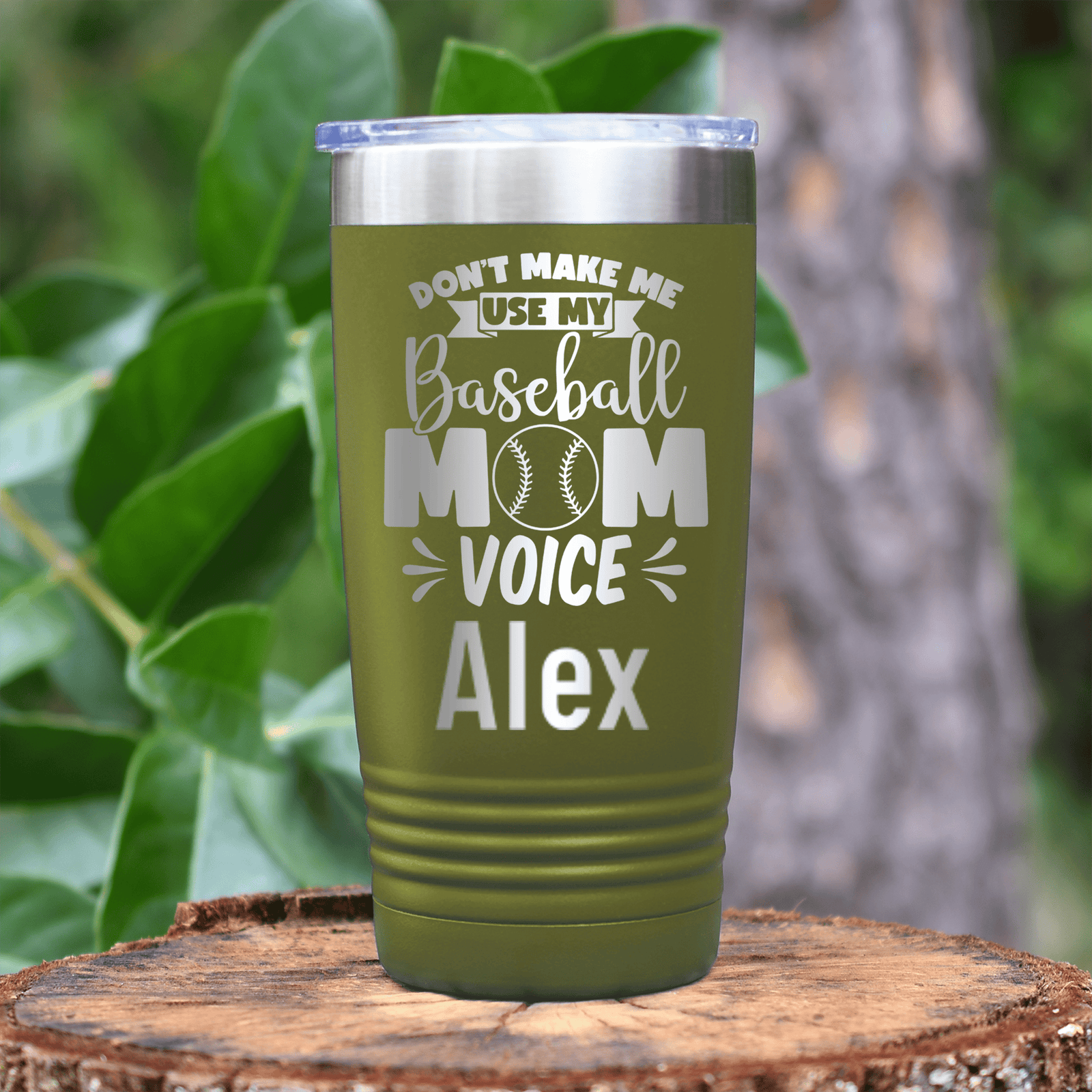 Military Green Baseball Mom Tumbler With Ill Use My Baseball Mom Voice Design