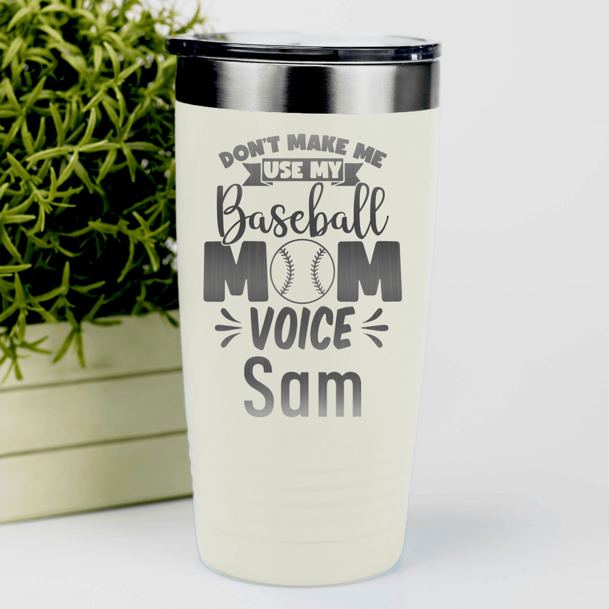 White Baseball Mom Tumbler With Ill Use My Baseball Mom Voice Design