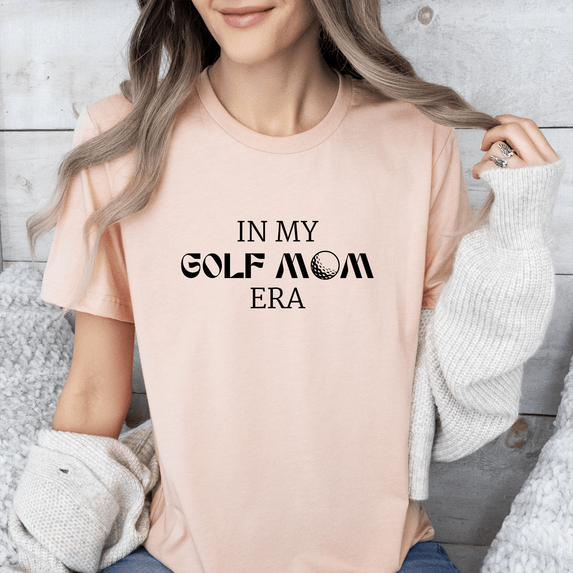 Womens Heather Peach T Shirt with In-My-Golf-Mom-Era design