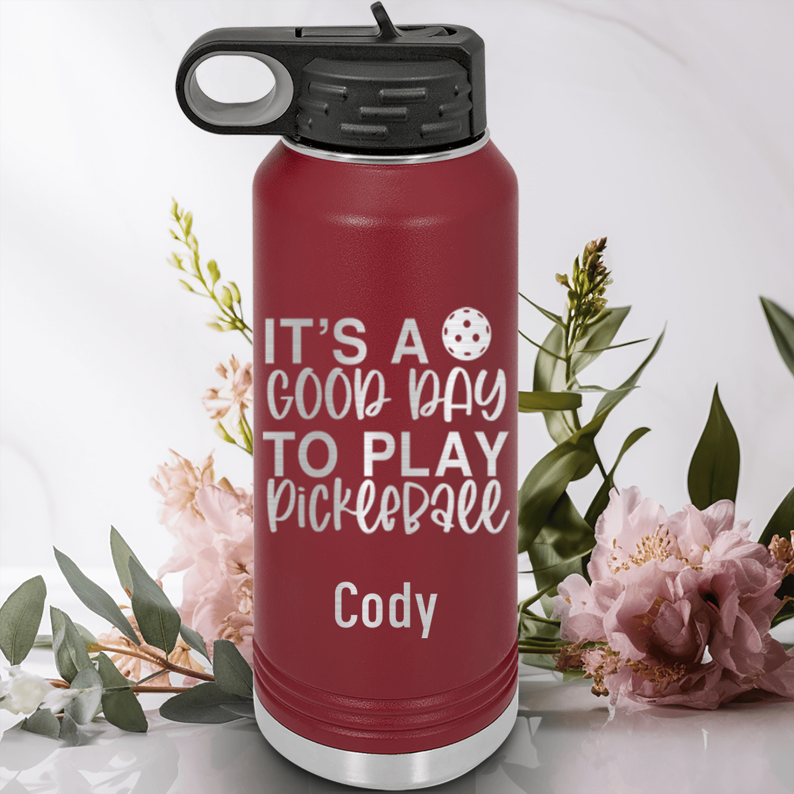Maroon Pickleball Water Bottle With Its A Good Day For Pickleball Design