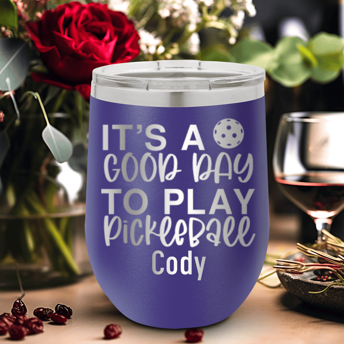 Purple Pickleball Wine Tumbler With Its A Good Day For Pickleball Design