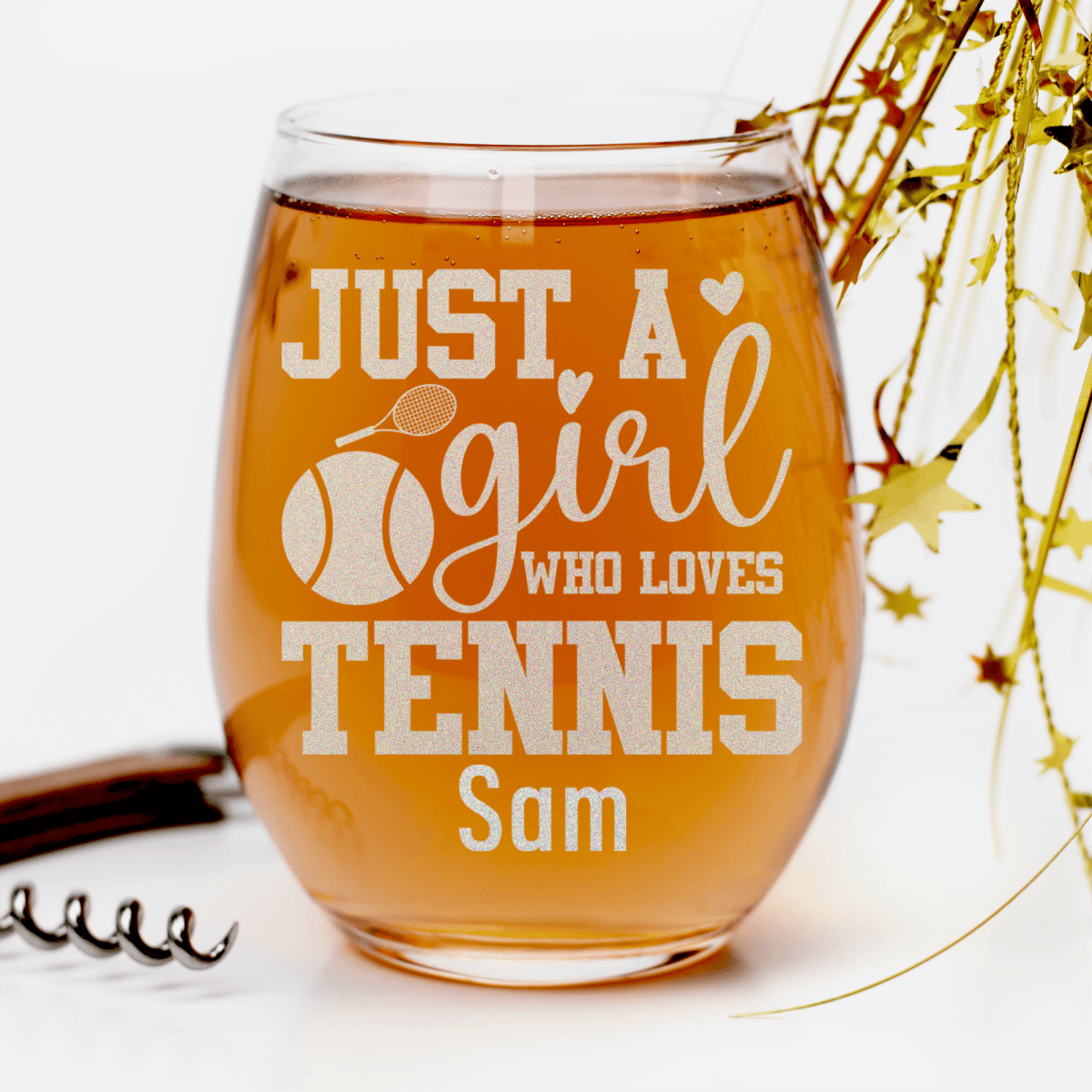 Personalized Just A Girl Loving Tennis Stemless Wine Glass for her, Customized Gifts for Women by Groovy Girl Gifts