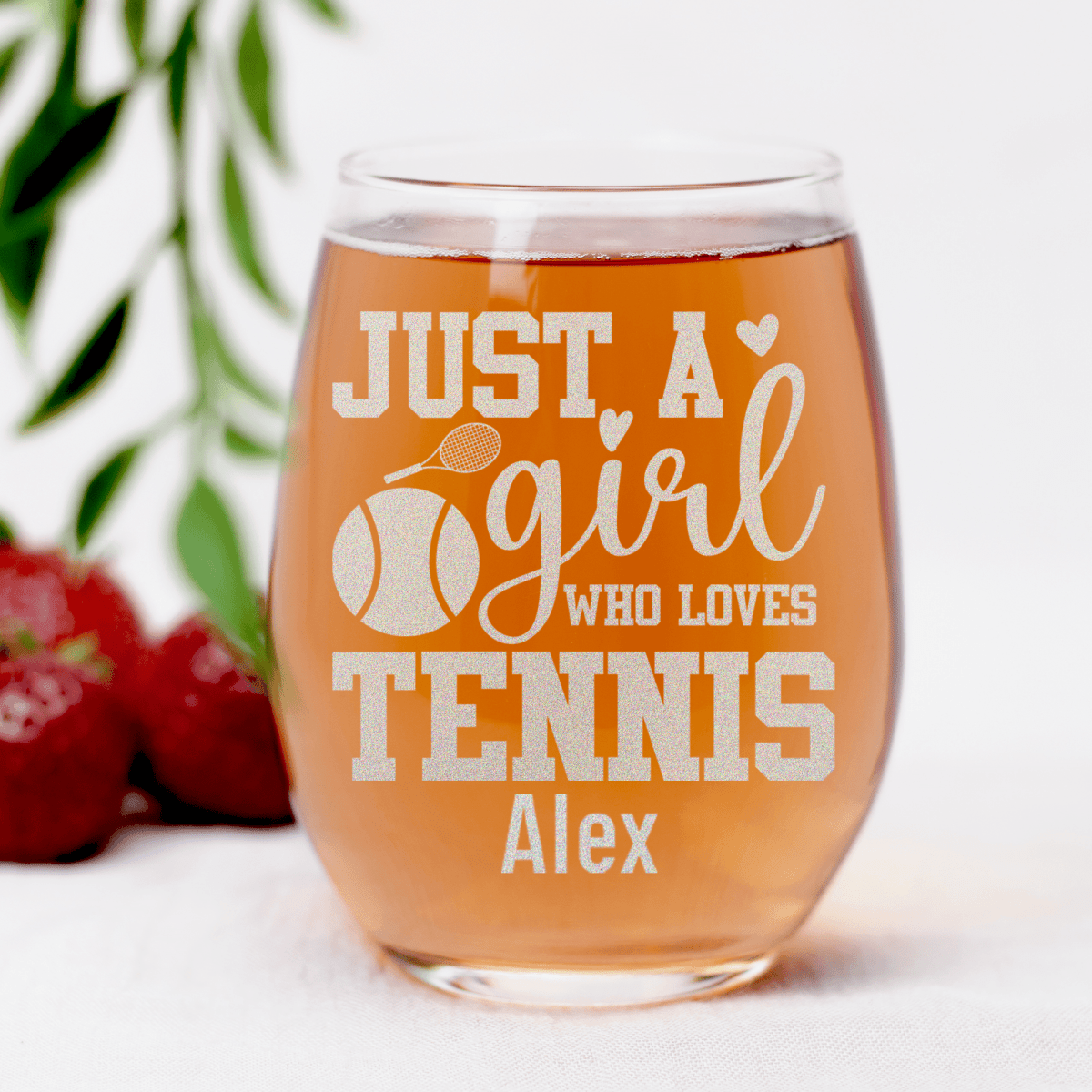 Personalized Just A Girl Loving Tennis Stemless Wine Glass for her, Customized Gifts for Women by Groovy Girl Gifts