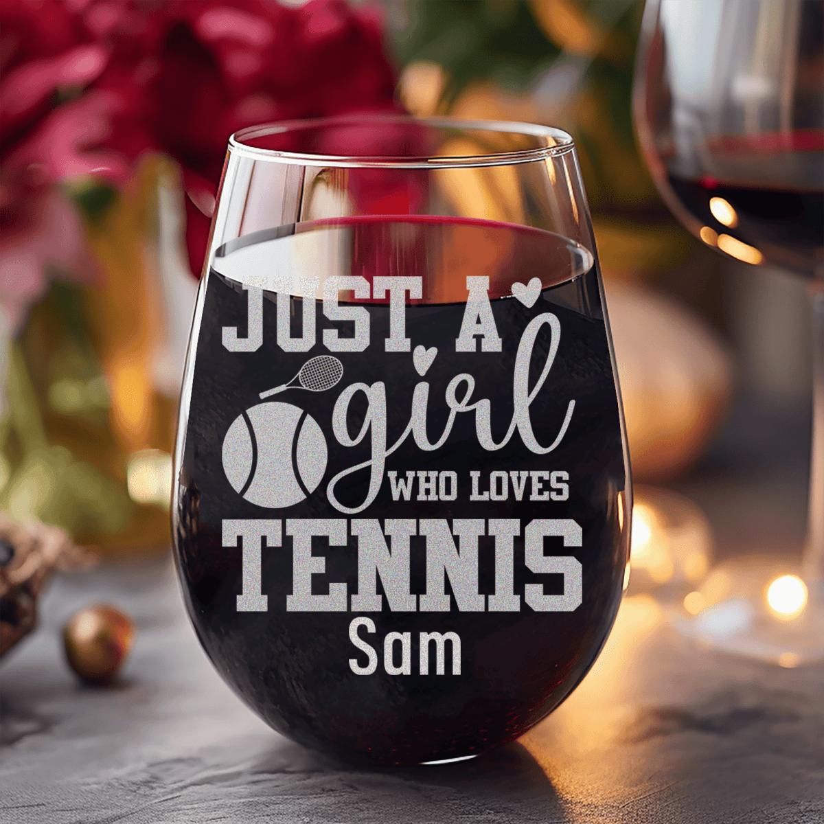 Personalized Just A Girl Loving Tennis Stemless Wine Glass for her, Customized Gifts for Women by Groovy Girl Gifts