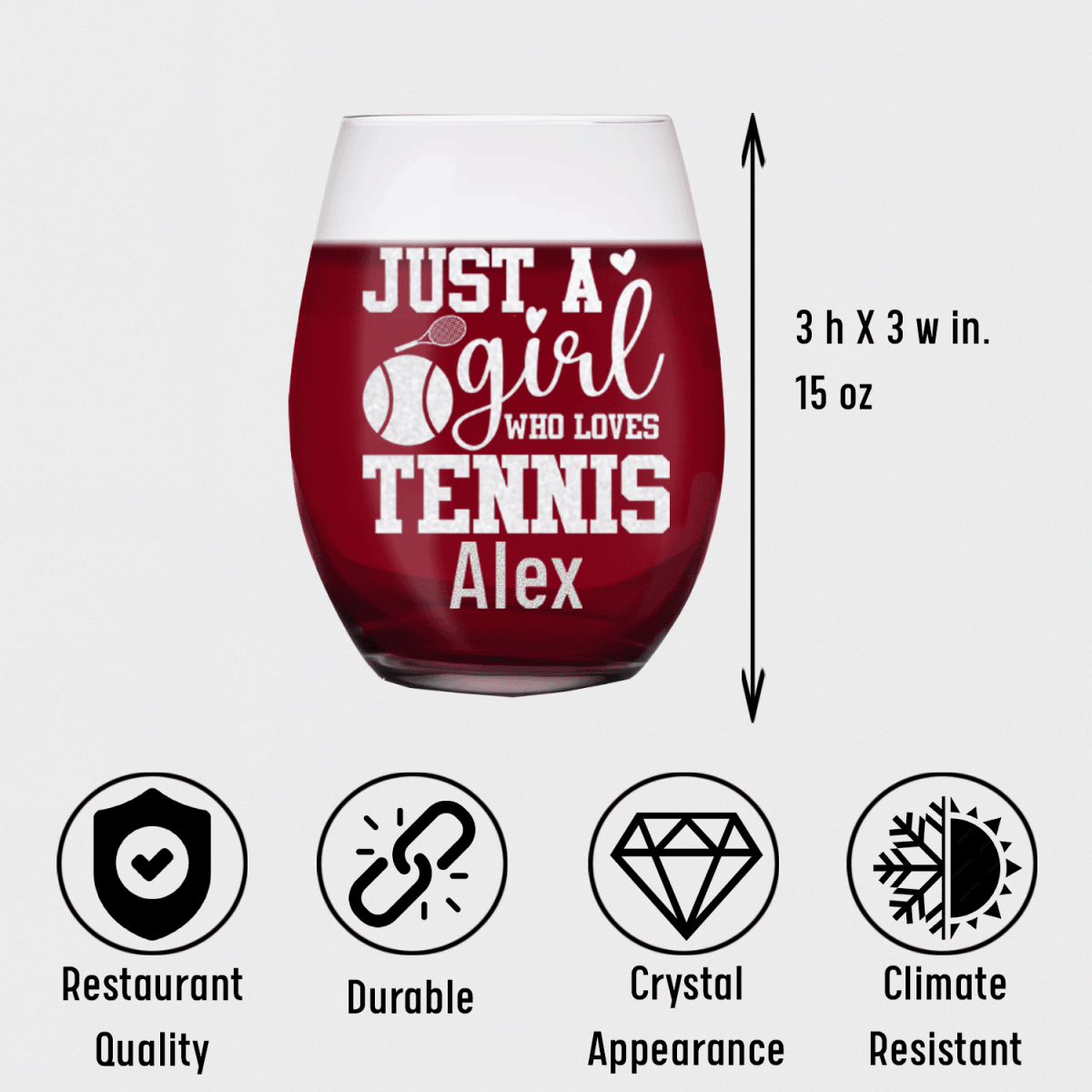 Personalized Just A Girl Loving Tennis Stemless Wine Glass for her, Customized Gifts for Women by Groovy Girl Gifts