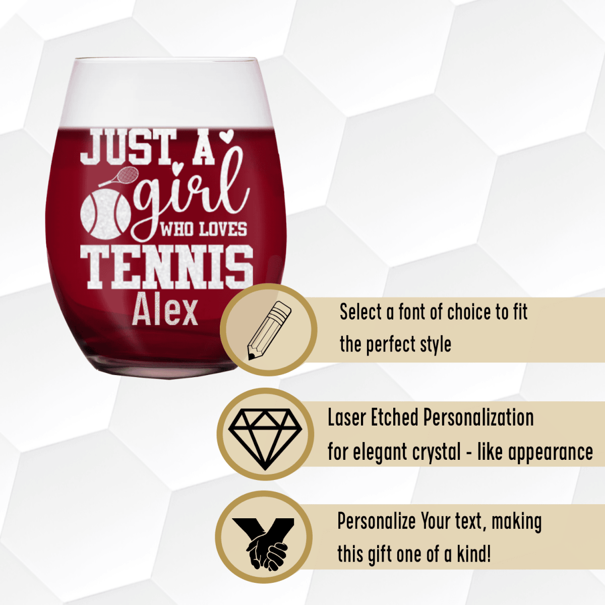 Personalized Just A Girl Loving Tennis Stemless Wine Glass for her, Customized Gifts for Women by Groovy Girl Gifts