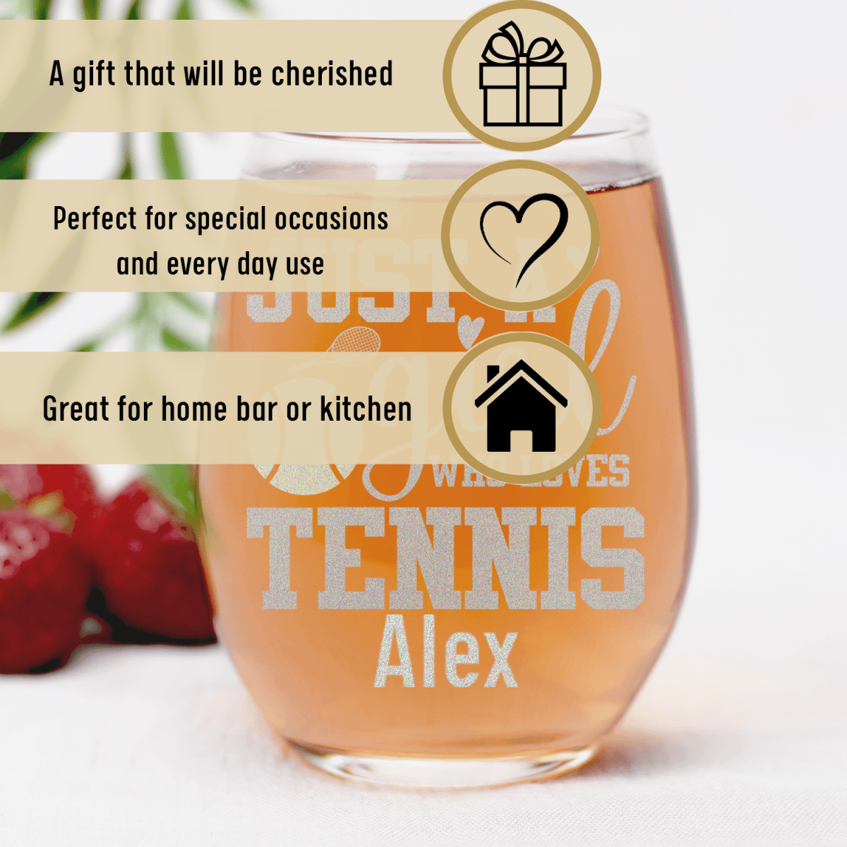 Personalized Just A Girl Loving Tennis Stemless Wine Glass for her, Customized Gifts for Women by Groovy Girl Gifts