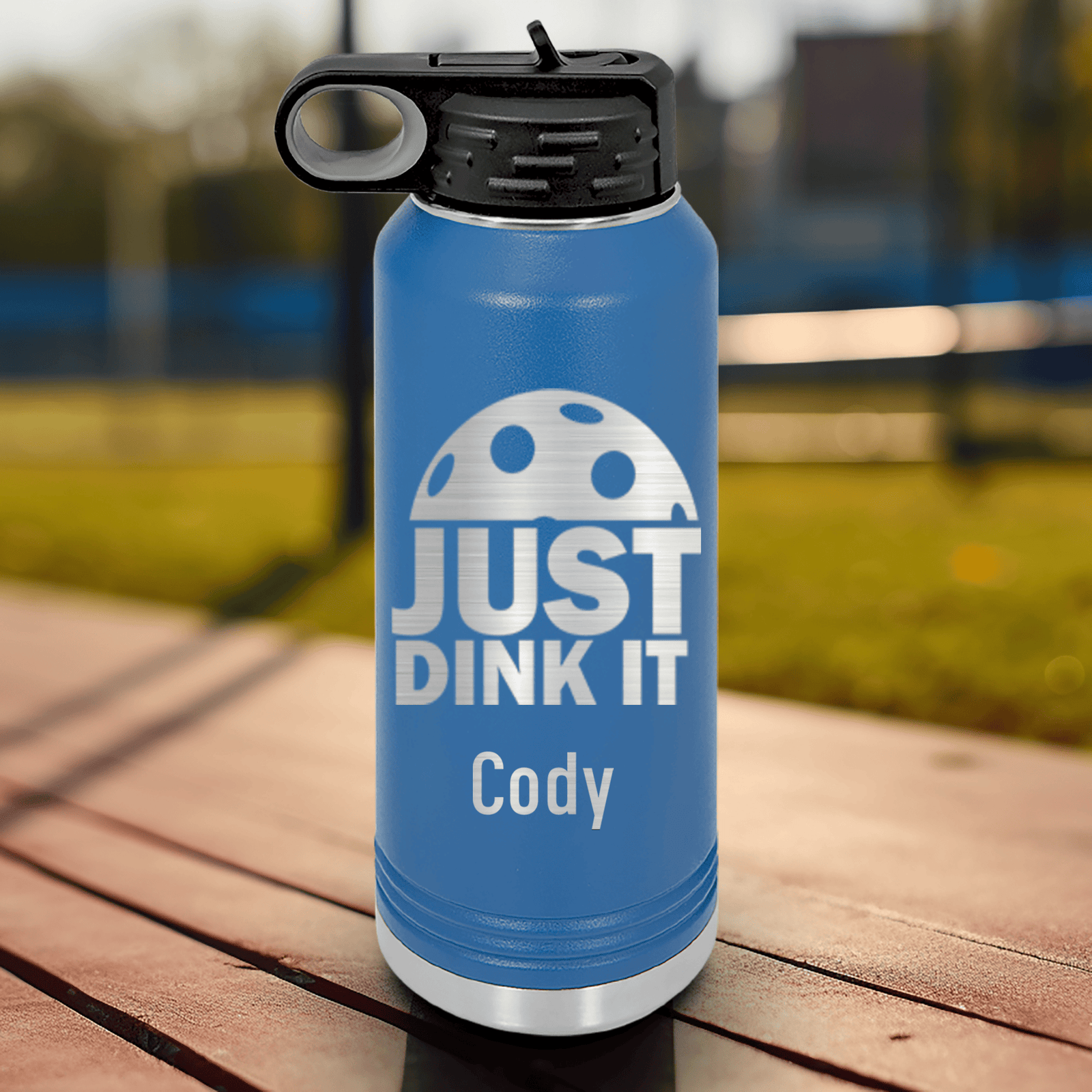 Blue Pickleball Water Bottle With Just Dink It Design