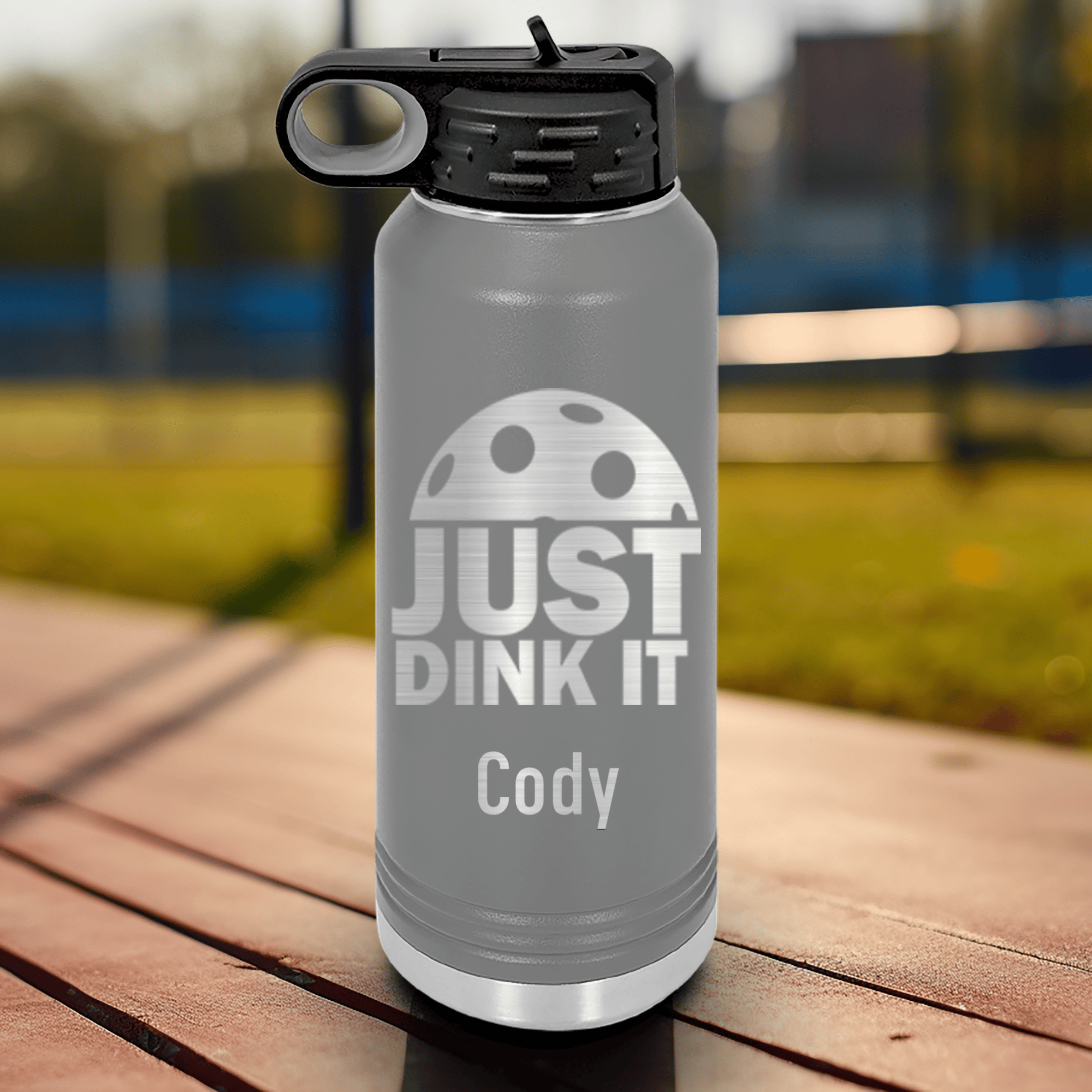 Grey Pickleball Water Bottle With Just Dink It Design