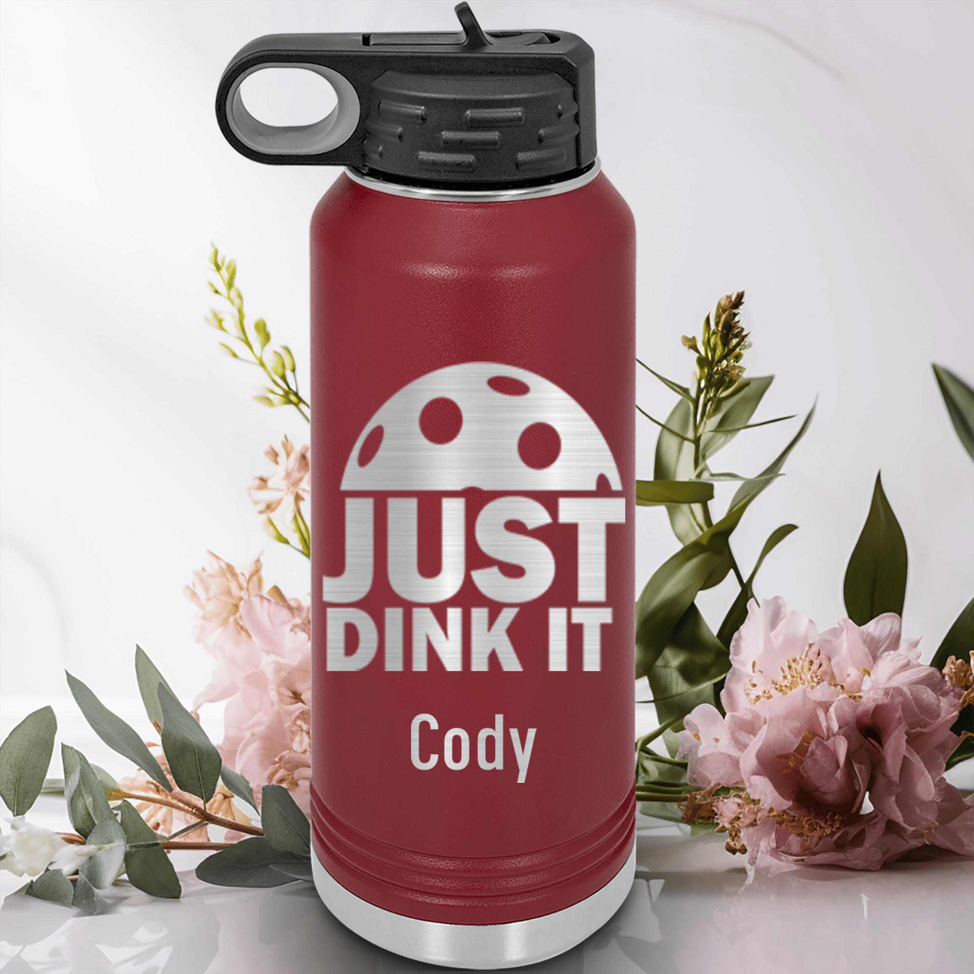 Maroon Pickleball Water Bottle With Just Dink It Design